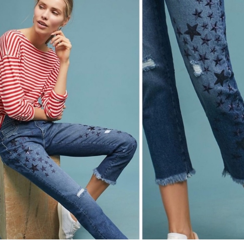 Anthropologie Pilcro Sequin Star Mid Rise Slim Boyfriend Cropped Jeans sz 27